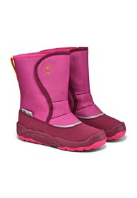 Rosa Stiefel mit einem weichen Obermaterial, einer dunkler rosa Gummisohle und einem grauen Akzentstreifen. Mit einem gestickten Eulendesign und einer Zuglasche hinten.