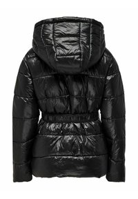Doudoune noire brillante avec matelassage horizontal, taille élastique et capuche attachée, vue de dos.