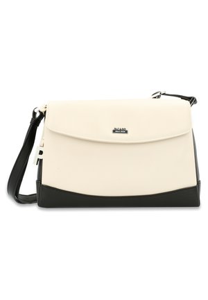 Cream and black crossbody bag made of synthetic leather, featuring a flat flap, silver logo, and adjustable strap. Smooth texture and structured shape.