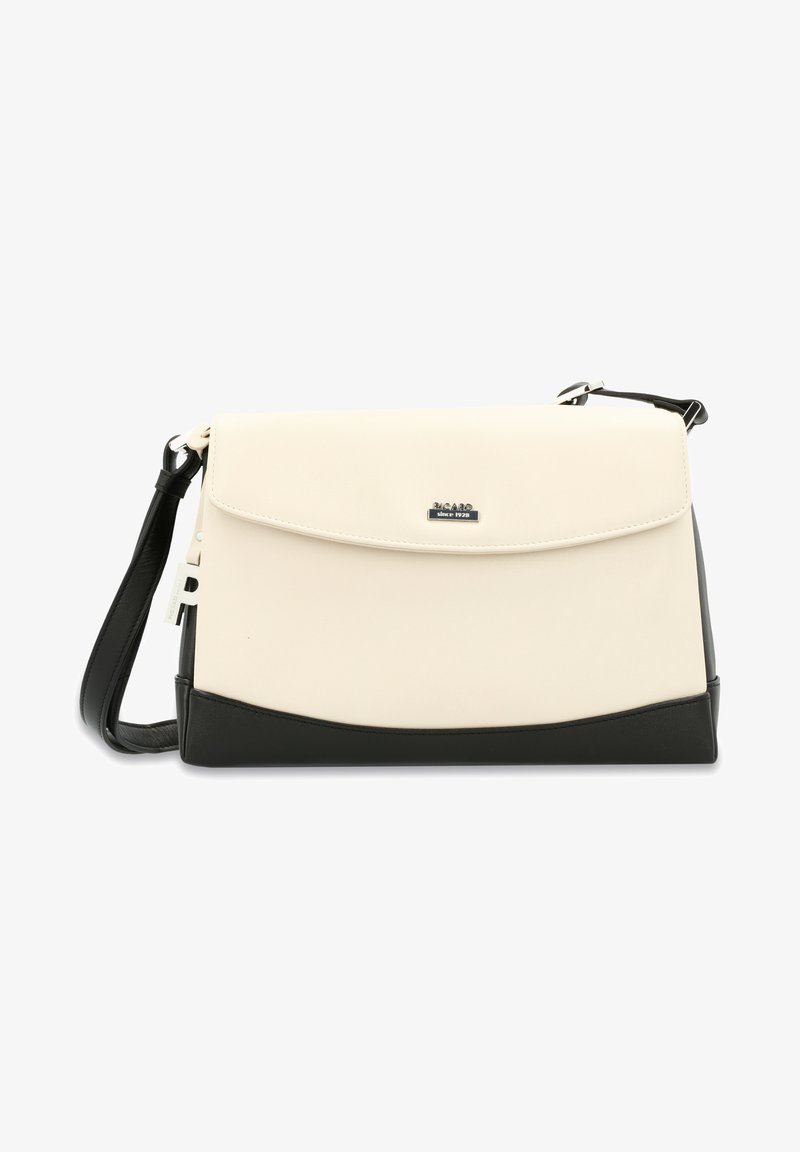 Cream and black crossbody bag made of synthetic leather, featuring a flat flap, silver logo, and adjustable strap. Smooth texture and structured shape.