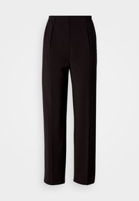 Pantalon noir sur mesure avec une coupe droite, présentant une texture lisse, des plis à l'avant et une taille haute pour un aspect structuré.