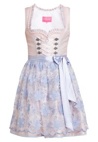 Robe dirndl rose et bleue avec corsage en dentelle fleurie, laçage orné d'argent et nœud en satin à la taille, avec une jupe brodée à plusieurs couches.