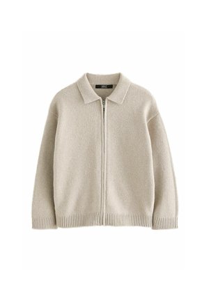 Beige zip-up cardigan with collar, long sleeves, and ribbed cuffs and hem, made from soft knit fabric.