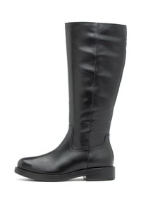 Kõrge must nahast saabas ümmarguse varbaga, madala kontsaga, siledast viimistlusest ja külgõmblustega, disainitud põlvikuks.