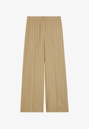 Beige Hosen mit weitem Bein, vertikalen weißen Nadelstreifen, hoher Taille und doppelter Knopfleiste vorne.