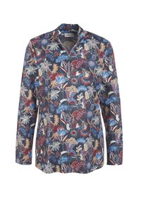 Camicia a maniche lunghe in navy con un motivo floreale in rosso, blu e crema. Presenta un colletto con zip a metà e un tessuto testurizzato.