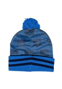 Blauer Beanie mit einer strukturierten Bommel oben. Verfügt über ein glattes Oberteil mit dem wiederholten "Marvel Comics"-Logo und einem gestreiften Rippbund.