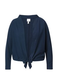 Cardigan leggero blu navy con maniche lunghe e apertura frontale. Presenta una chiusura annodata nella parte inferiore e una texture morbida.