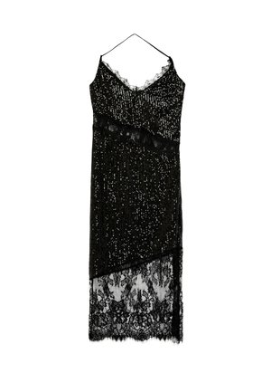 Black sequin midi dress with thin straps, lace trim at neckline, diagonal lace panel, and sheer lace hem.