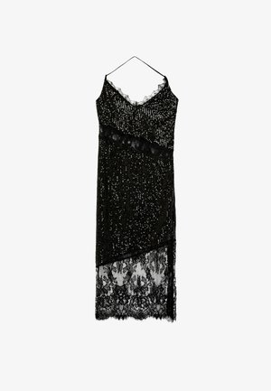Black sequin midi dress with thin straps, lace trim at neckline, diagonal lace panel, and sheer lace hem.