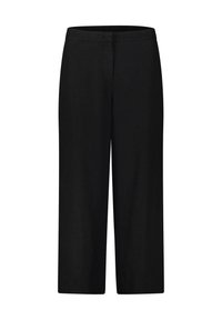 Zwarte wijde broek met een gladde textuur en een elastische tailleband, met een minimalistisch ontwerp zonder zichtbare sluitingen of patronen.