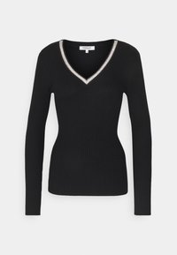 Pull long à manches longues noir à côtes avec un décolleté en V orné d'une bordure métallique. Design ajusté mettant en valeur la silhouette et la texture.