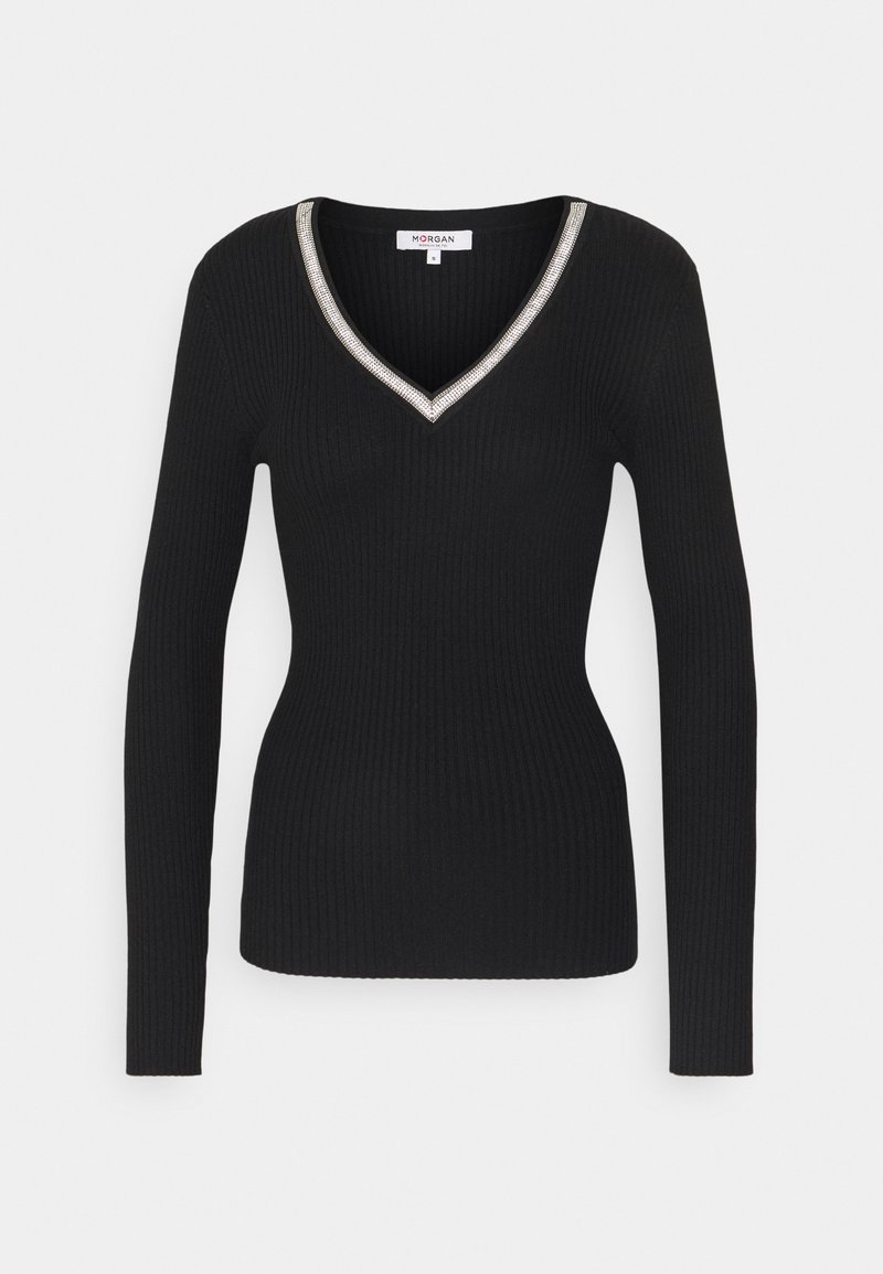 Pull long à manches longues noir à côtes avec un décolleté en V orné d'une bordure métallique. Design ajusté mettant en valeur la silhouette et la texture.