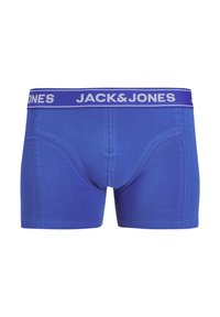 Kék boxer alsó, puha anyagból készült, testhez álló fazonnal és fehér márkázott derékpánttal, melyen a "JACK&JONES" felirat áll.