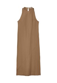 Ärmelloses braunes Kleid mit hohem Kragen, das über einen Schlüssel-Löcher-Rücken und diagonale Nahtdetails verfügt, gefertigt aus einem glatten, leichten Stoff.
