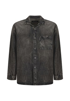 Camicia di denim nero con texture sbiadita, maniche lunghe, una tasca sul petto e un colletto. Chiusura con bottoni lungo la parte frontale.