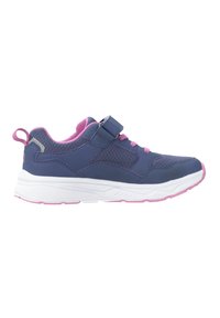 Navy and pink children's sneaker with Velcro strap, mesh panels, and white sole with pink tread.