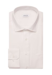 Camicia bianca con colletto classico, tessuto strutturato, maniche lunghe, polsino con un bottone e leggero logo sulla colletto.