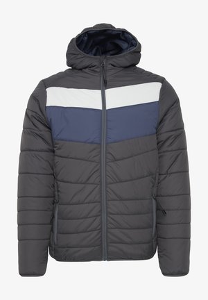 Kurtka puchowa z kapturem, ciemnoszara, z kolorowym blokiem w odcieniach granatu i bieli na klatce piersiowej. Zamek błyskawiczny w bocznych kieszeniach.