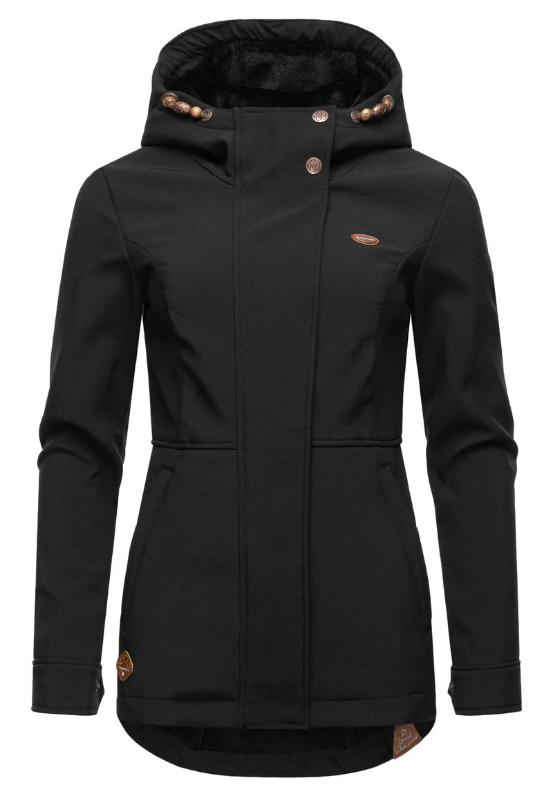 Veste noire avec capuche, dotée d'une doublure intérieure douce, de boutons décoratifs en bronze et de poches latérales. Comprend un petit patch logo sur l'ourlet.