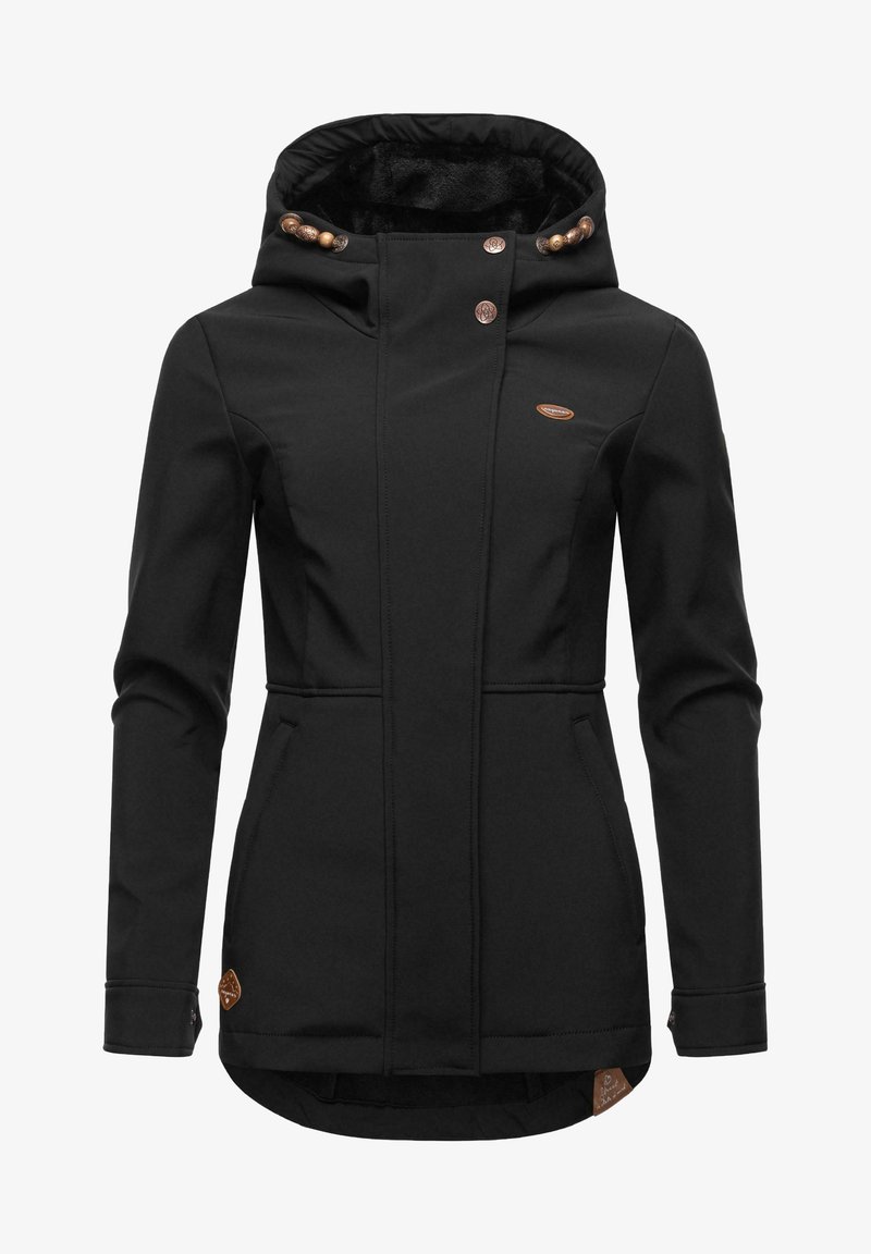 Juoda striukė su gobtuvu, su minkšta vidine danga, dekoratyviais bronziniais mygtukais ir šoninėmis kišenėmis. Ant apačios yra mažas logotipas.