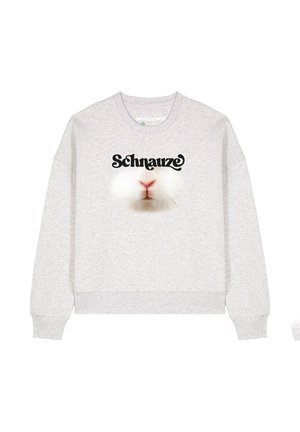 Sweat-shirt gris clair avec le texte "Schnauze" au-dessus d'une photo en gros plan du nez et de la bouche d'un lapin blanc sur le devant.