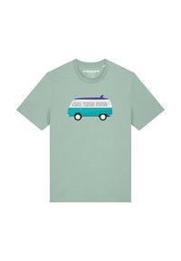 Mint green t-shirt made of cotton featuring a graphic of a turquoise camper van with a purple surfboard on top, detailed with windows.