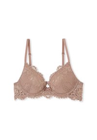 Koronkowy biustonosz w delikatnym mauve, z falbankowymi krawędziami, małą kokardką na środku, wyściełanymi miseczkami oraz regulowanymi ramiączkami dla dopasowania na miarę.