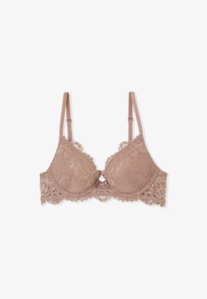 Reggiseno in pizzo color malva chiaro, con bordi smerlati, piccolo fiocco centrale, coppe imbottite e spalline regolabili per una vestibilità personalizzata.