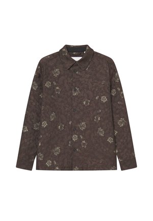 Καφέ πουκάμισο με λουλούδια, μακριά μανίκια, κουμπωτή μπροστινή πλευρά και κλασικό γιακά. Διαθέτει περίπλοκα λουλουδάτα σχέδια σε πιο ανοιχτές αποχρώσεις.