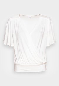 Weißes Wickeloberteil mit kurzen, schwingenden Ärmeln, V-Ausschnitt, geraffter Textur und elastischem Bund. Aus weichem, leichtem Stoff gefertigt.