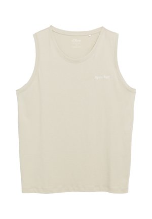 Beiges ärmelloses Tanktop mit rundem Ausschnitt, kleinem "Après Surf" Schriftzug auf der rechten Brust vorne und s.Oliver-Label im inneren Kragen.