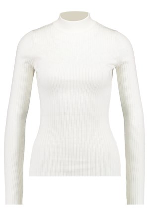 Ribbet hvit langermet genser med høy hals, med en tettsittende design og glatt tekstur, som har en høy hals og slank silhuett.