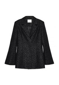 Schwarze Blazer mit strukturiertem Blumenmuster, Reverskragen und ausgestellten Ärmeln, mit einem glatten Satinfutter und taillierter Silhouette.