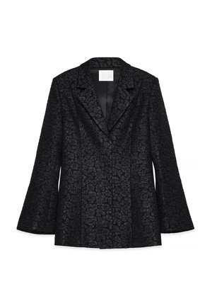 Black blazer featuring a textured floral pattern, notched collar, and flared sleeves, with a smooth satin lining and tailored silhouette.