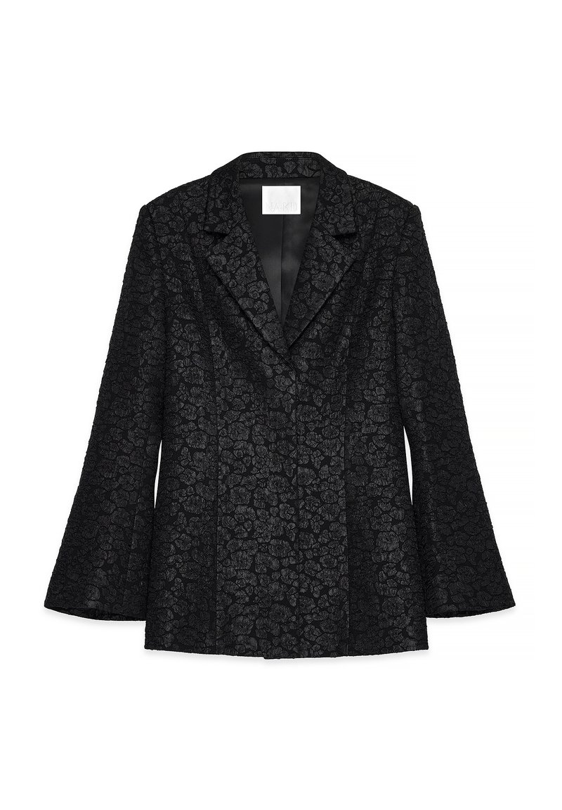 Schwarze Blazer mit strukturiertem Blumenmuster, Reverskragen und ausgestellten Ärmeln, mit einem glatten Satinfutter und taillierter Silhouette.