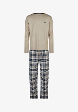 Beige pitkähihaisen paidan ja laivastonsinisen kaula-aukon yhdistelmä, jonka kanssa on harmaa-sininen-vihreäruudulliset pyjamahousut, joissa on joustava vyötärönauha.