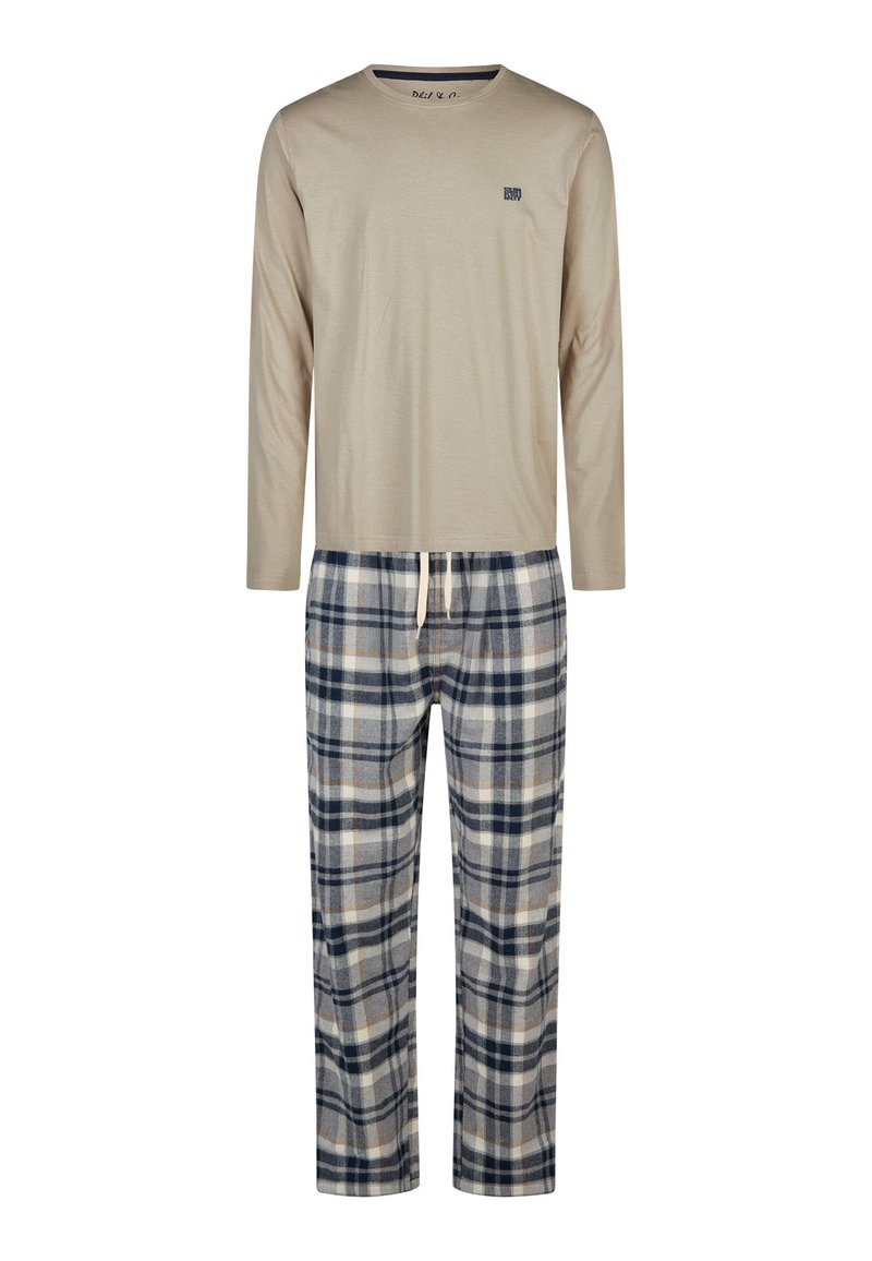 Camisa de manga larga beige con cuello azul marino, combinada con pantalones de pijama a cuadros en tonos azul, gris y beige con cintura elástica.