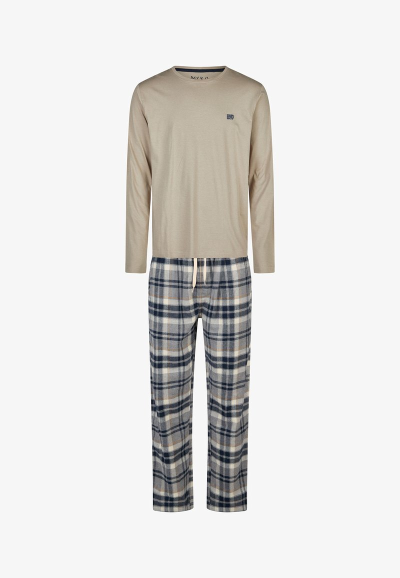 Camisa de manga larga beige con cuello azul marino, combinada con pantalones de pijama a cuadros en tonos azul, gris y beige con cintura elástica.