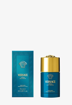 Versace Eros pour homme perfumed deodorant stick in a blue container with gold accents, features a Greek key design and a lion motif.