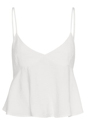 Witte mouwloze top met dunne spaghettibandjes, een V-halslijn en een uitlopende silhouet. Gemaakt van lichtgewicht, textuurstof.