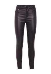 Pantalon skinny noir en simili cuir avec taille haute, doté de poches avant et d'une texture lisse, conçu pour un ajustement près du corps.