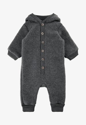 Pilkas vilnonis kūdikių kombinezonas su gobtuvu, su siaurais rankogaliais, mygtukų užsegimu priekyje ir apvalia pėdos zona patogumui. Minkšta tekstūra.