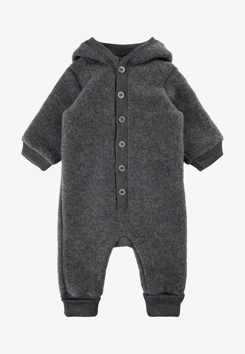 Szürke gyapjú bébijumper kapucnival, bordás mandzsettákkal, gombos elülső záródással és kerek orr résszel a kényelem érdekében. Puha tapintás.