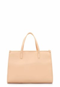 Borsa tote in pelle color pesco con doppio manico, forma rettangolare, texture liscia e chiusura con zip nella parte superiore. Design minimalista.