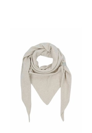 Light beige triangular scarf made of soft, textured fabric, featuring long pointed ends and a looped design at the center.