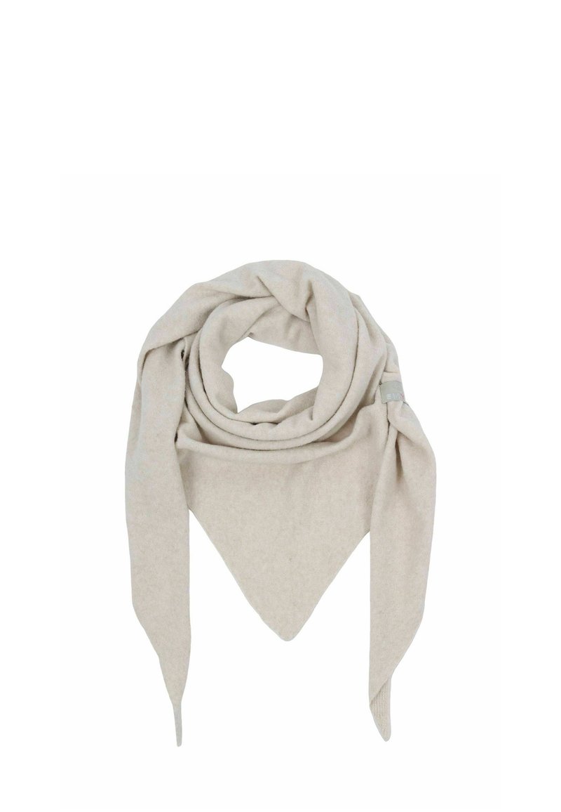 Hellbeige dreieckiger Schal aus weichem, strukturiertem Stoff, mit langen, spitzen Enden und einem geschlungenen Design in der Mitte.