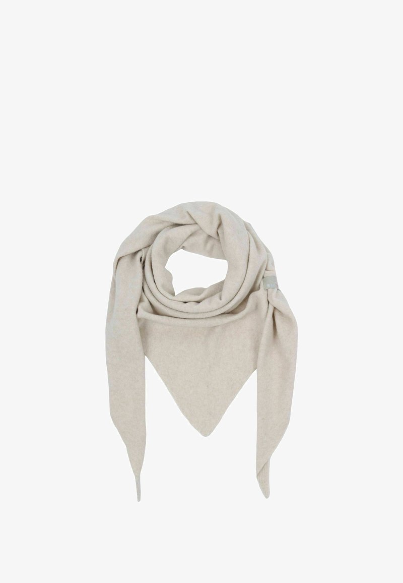 Light beige triangular scarf made of soft, textured fabric, featuring long pointed ends and a looped design at the center.