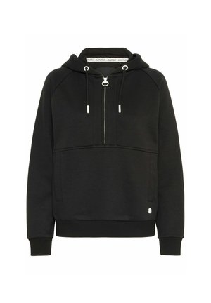 Black hoodie made of soft fabric with a half-zip design, front pocket, adjustable drawstrings, and ribbed cuffs and hem.
