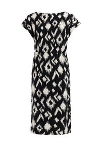 Abito al ginocchio bianco e nero con maniche corte e stampa geometrica astratta, leggermente aderente in vita.
